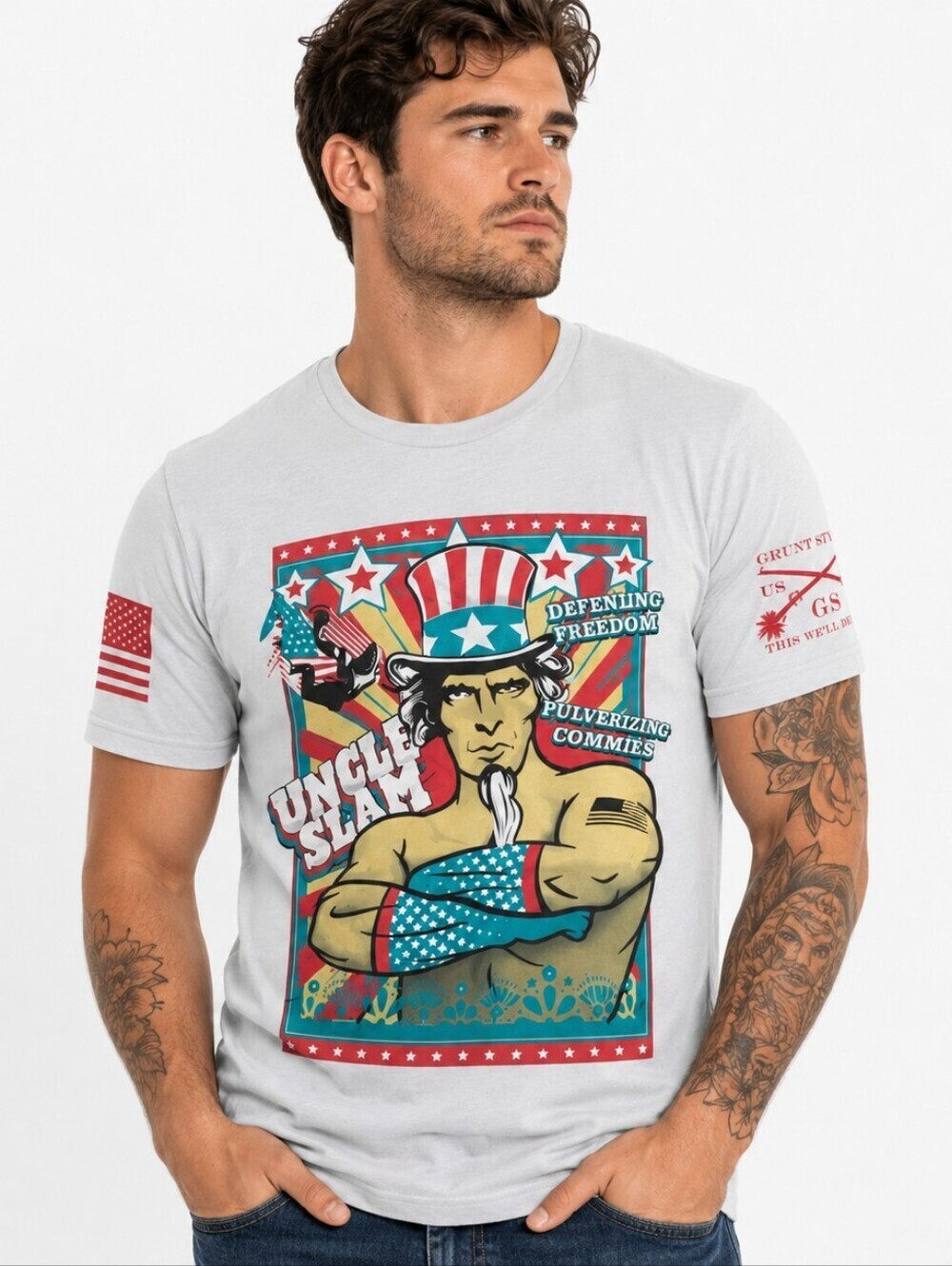 Grunt Style Uncle Slam Patriotic Wrestling Graphic T-Shirt Men’s Large Blue